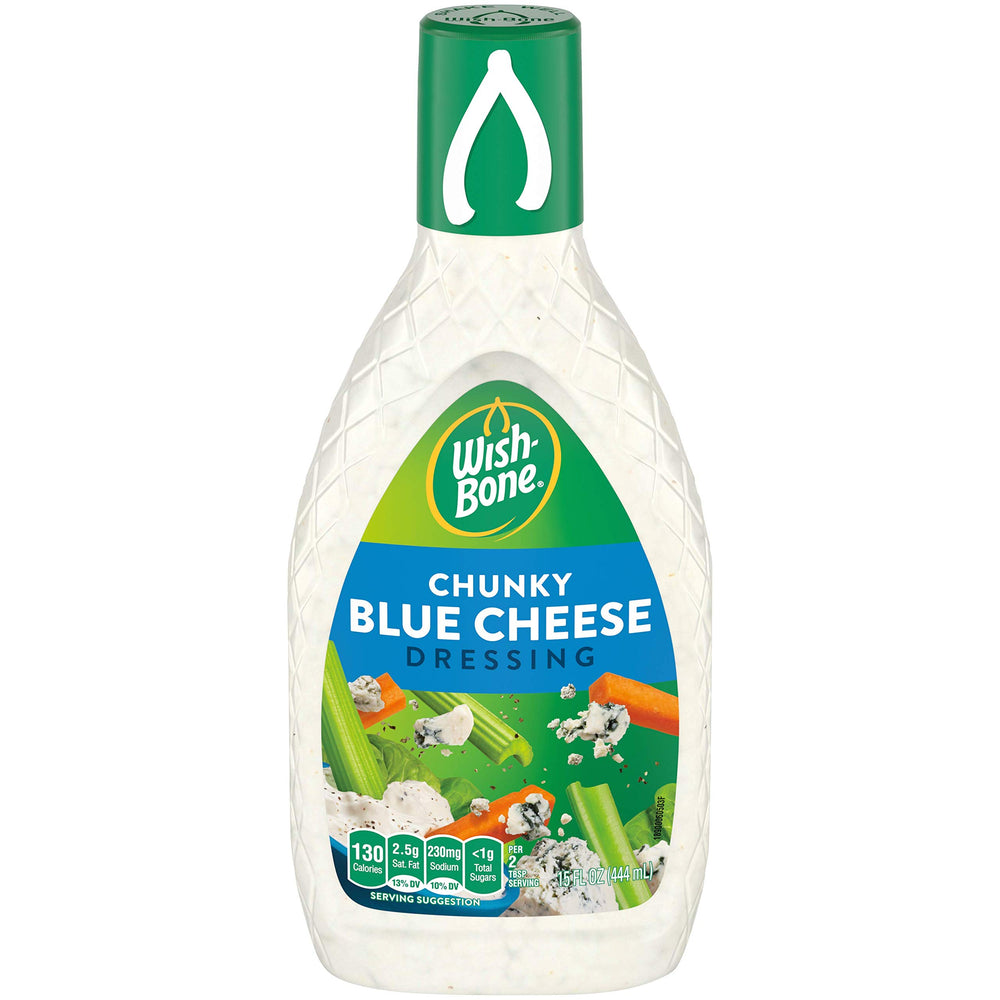 Wish-Bone Chunky Blue Cheese Dressing bottle on kitchen counter ready to top salads.
