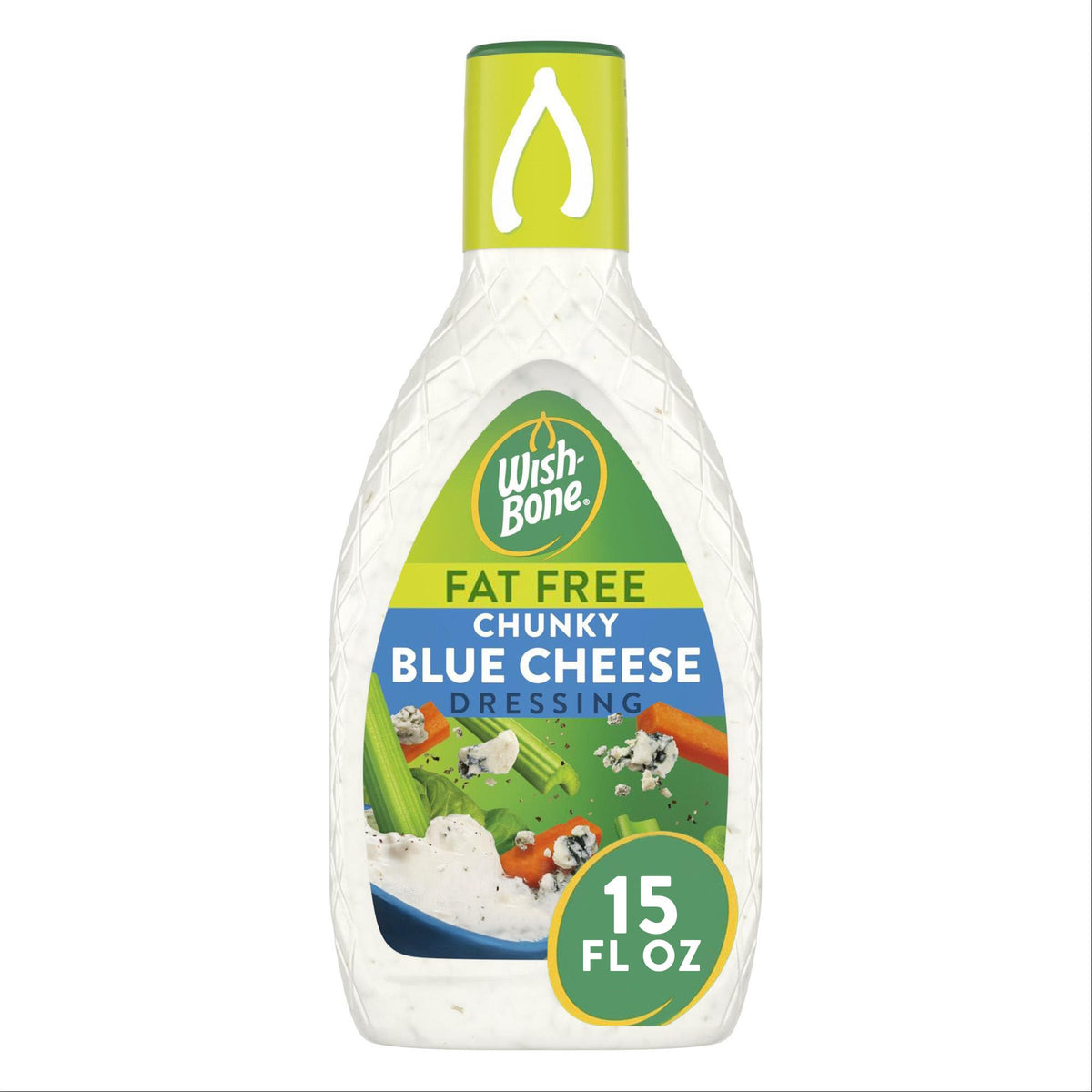 Wish-Bone Fat Free Chunky Blue Cheese Dressing bottle pour for salads and dips