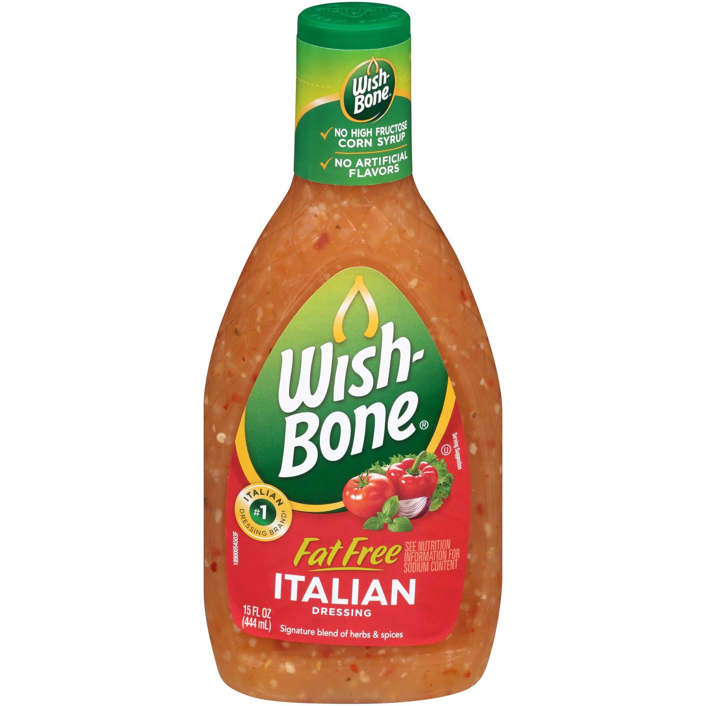 Wish-Bone Fat Free Italian dressing bottle for salads with fat-free flavor.