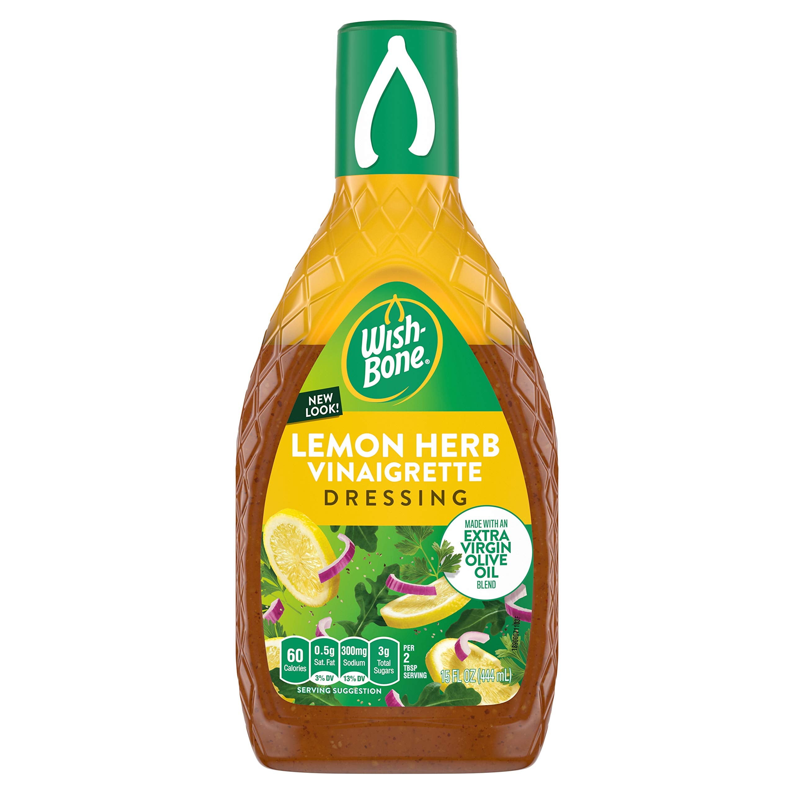 Wish-Bone lemon herb dressing bottle on counter adds bright salad flavor.