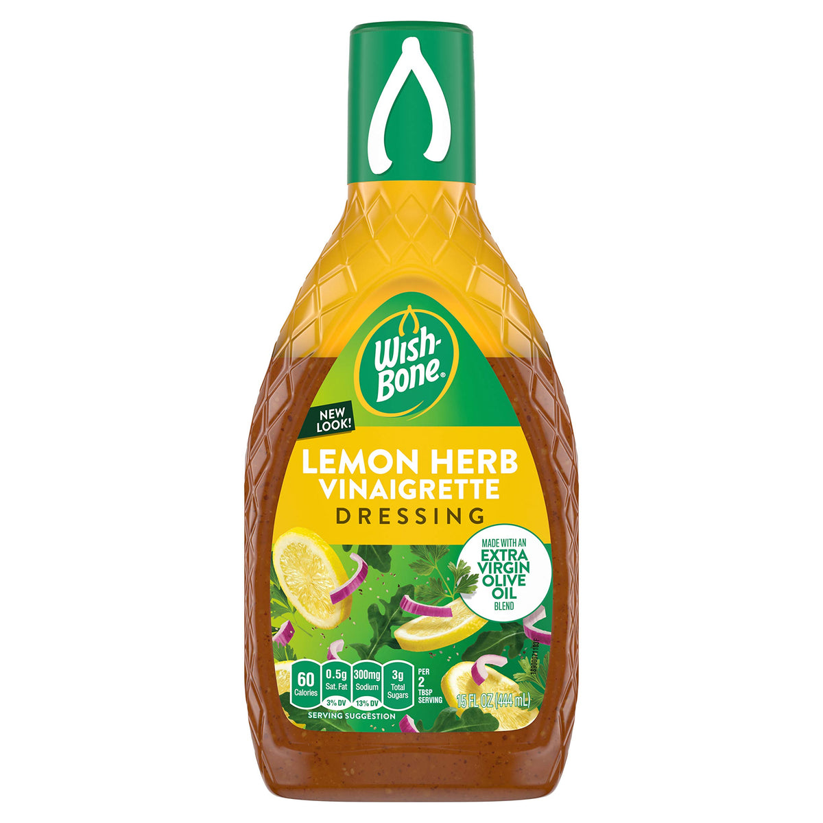 Wish-Bone lemon herb dressing bottle on counter adds bright salad flavor.