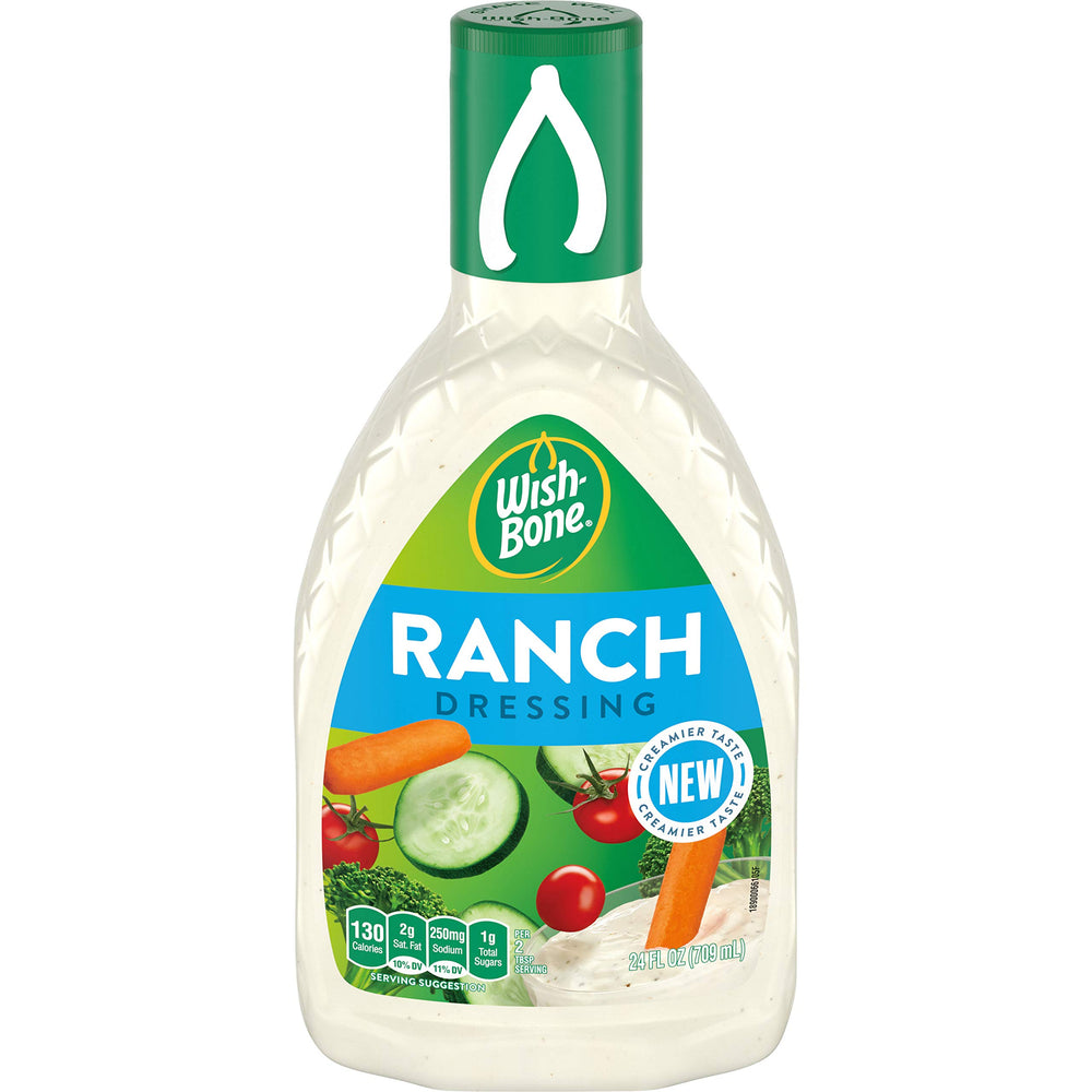 Wish-Bone Ranch dressing bottle on kitchen counter for quick salads.