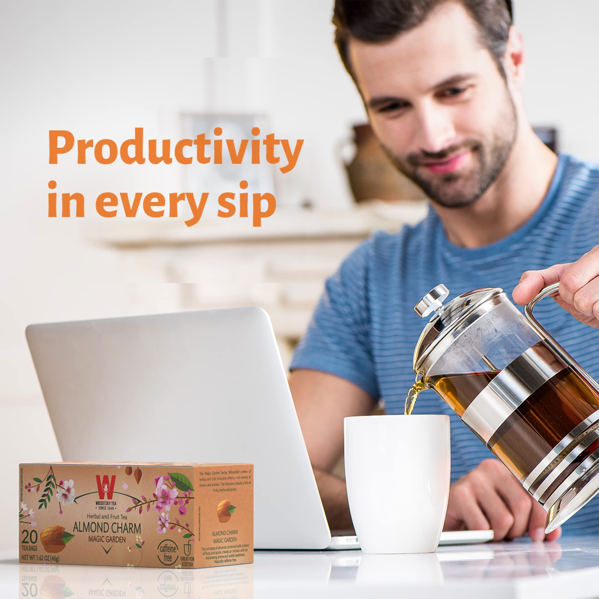 Open Wissotzky Almond Charm tea bags box for convenient daily ritual.