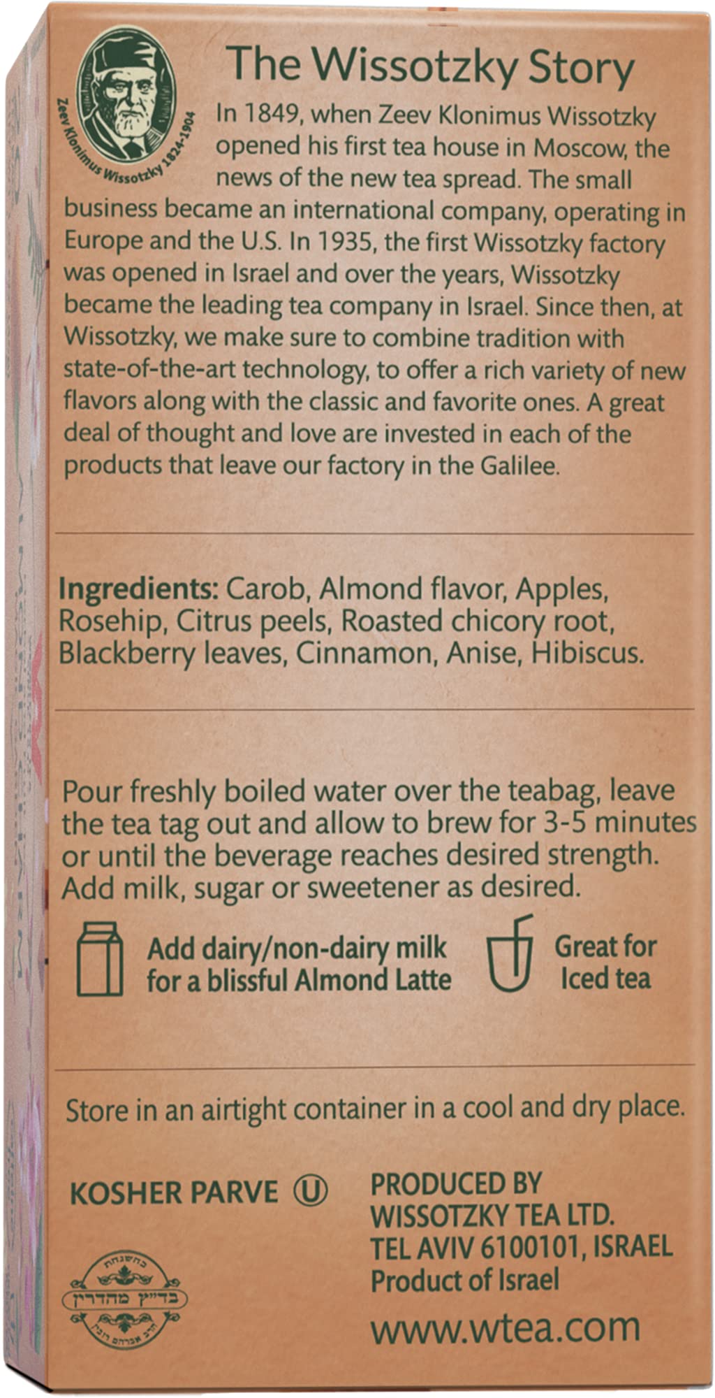 Wissotzky Almond Charm box displays brand name and flavor cues.