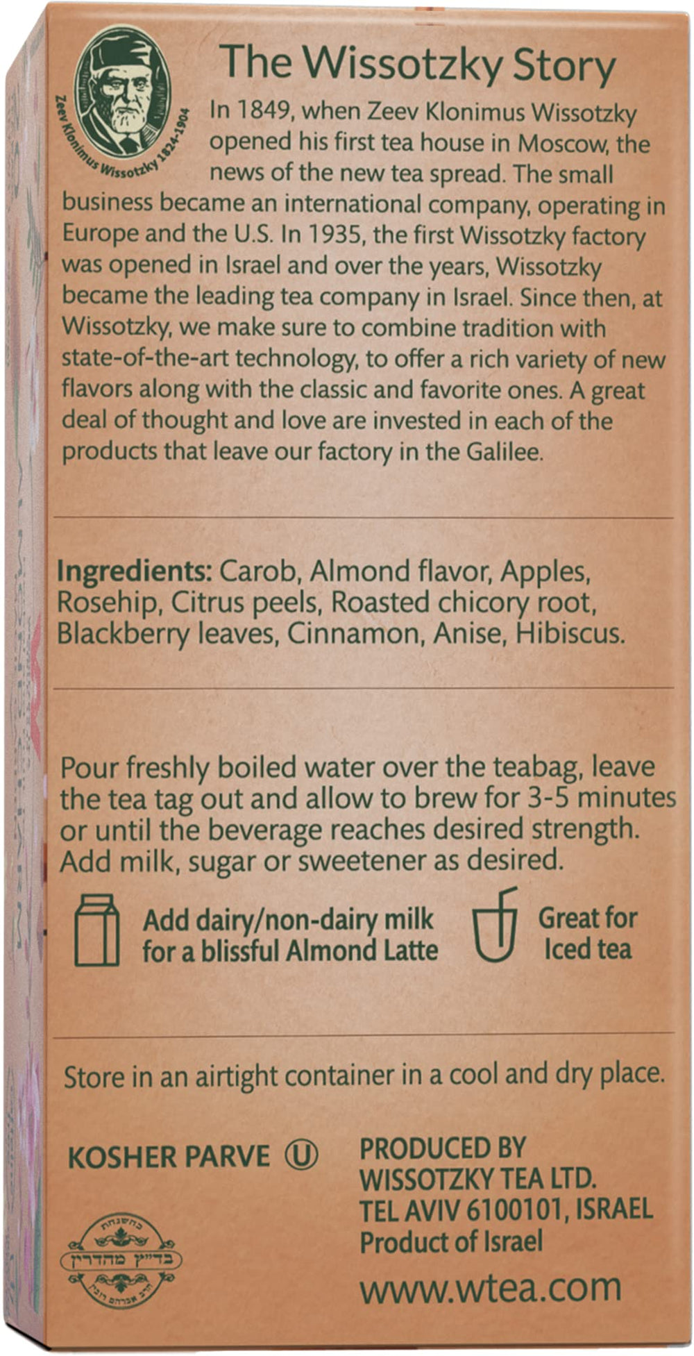 Wissotzky Almond Charm box displays brand name and flavor cues.