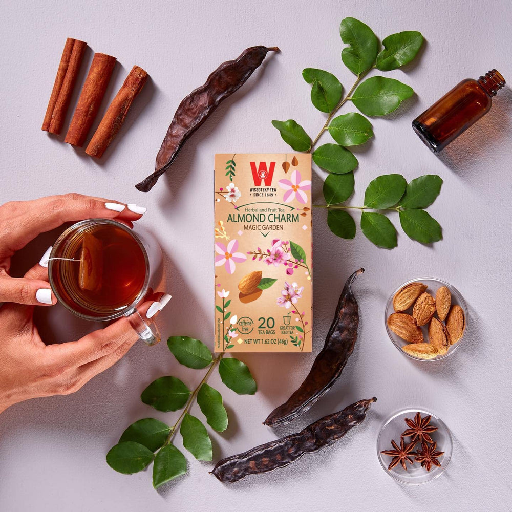 Iced Wissotzky Almond Charm tea served in a glass.
