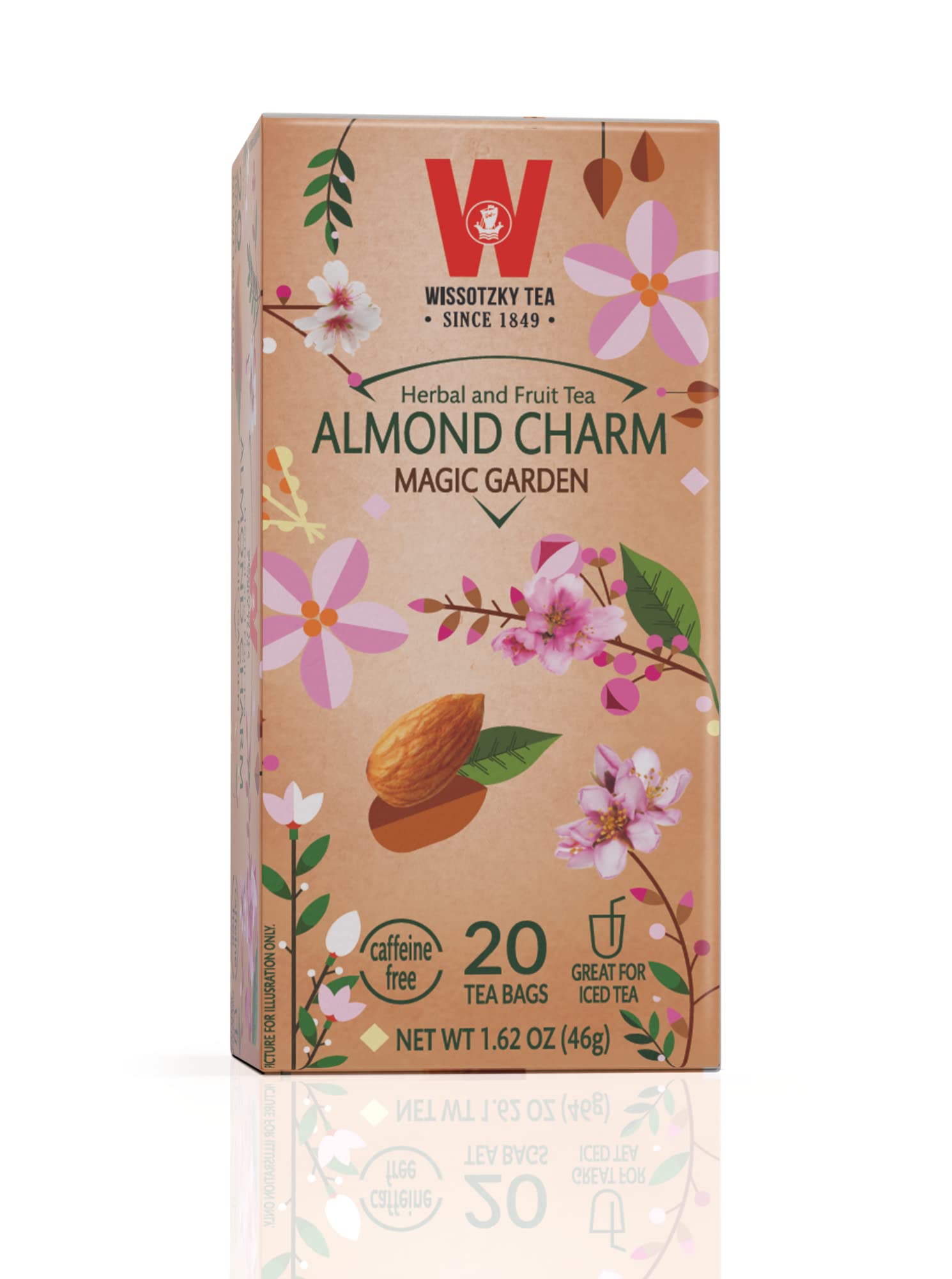 Kosher seal on Wissotzky Almond Charm packaging.