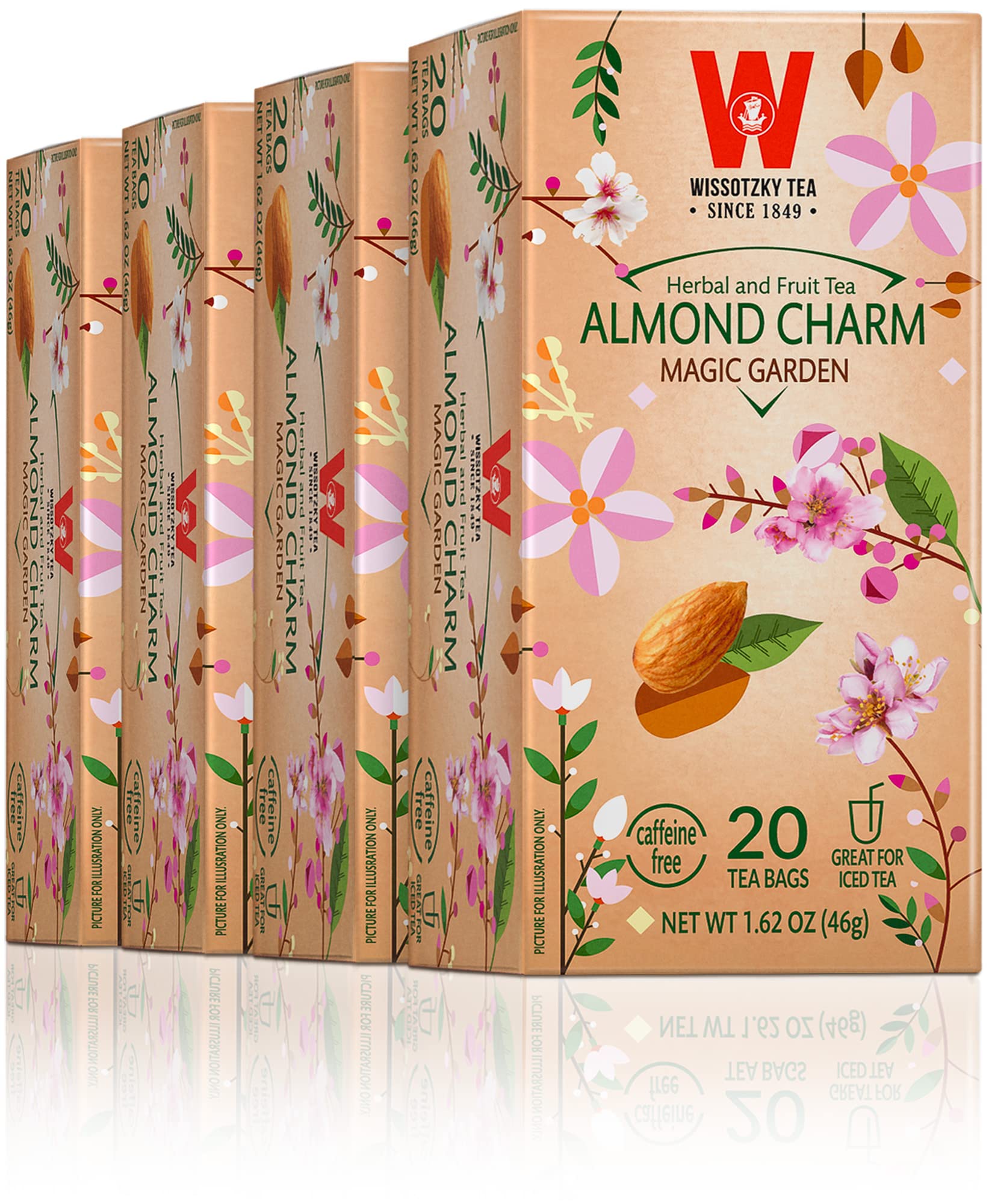Wissotzky Almond Charm tea bags pack ready for brewing.