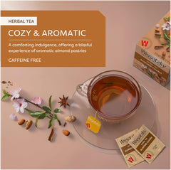Wissotzky Almond Charm tea brew in a mug highlights rich almond aroma.