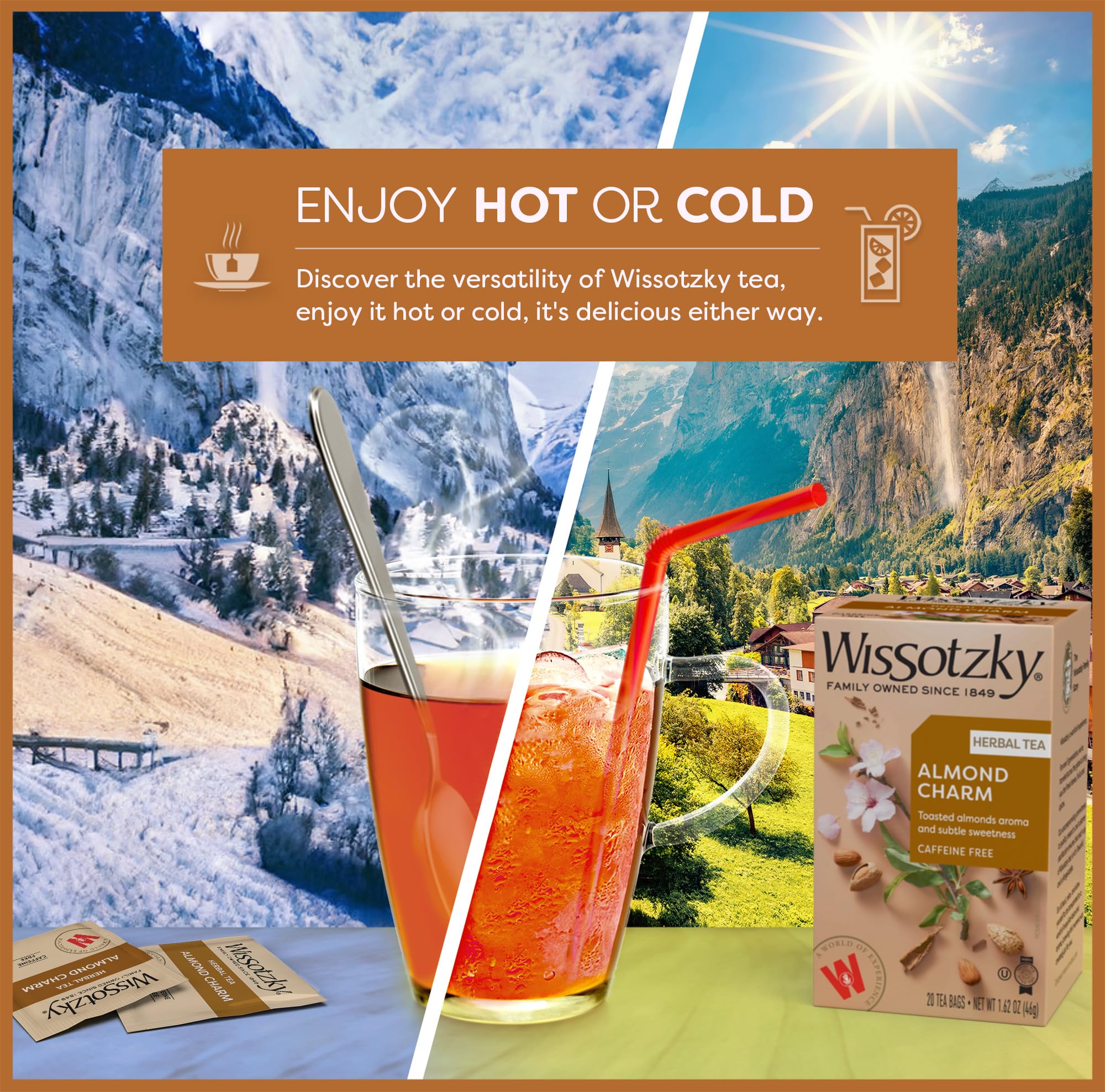 Wissotzky Almond Charm tea latte idea with milk for a creamy treat.