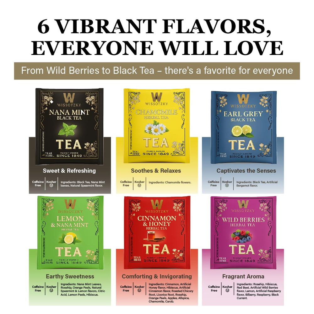 Wissotzky premium black and herbal blends offer fragrant tea moments