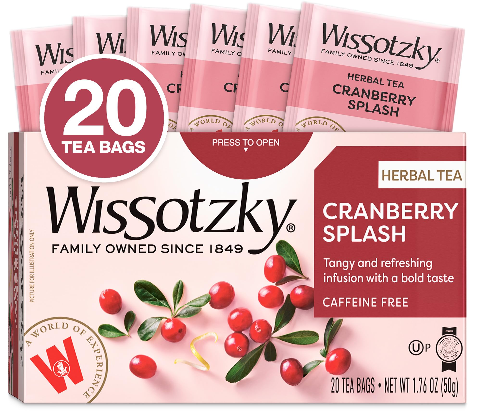 Wissotzky Cranberry Splash tea bag in cup, refreshing caffeine-free flavor