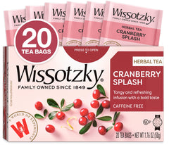 Wissotzky Cranberry Splash tea bag in cup, refreshing caffeine-free flavor