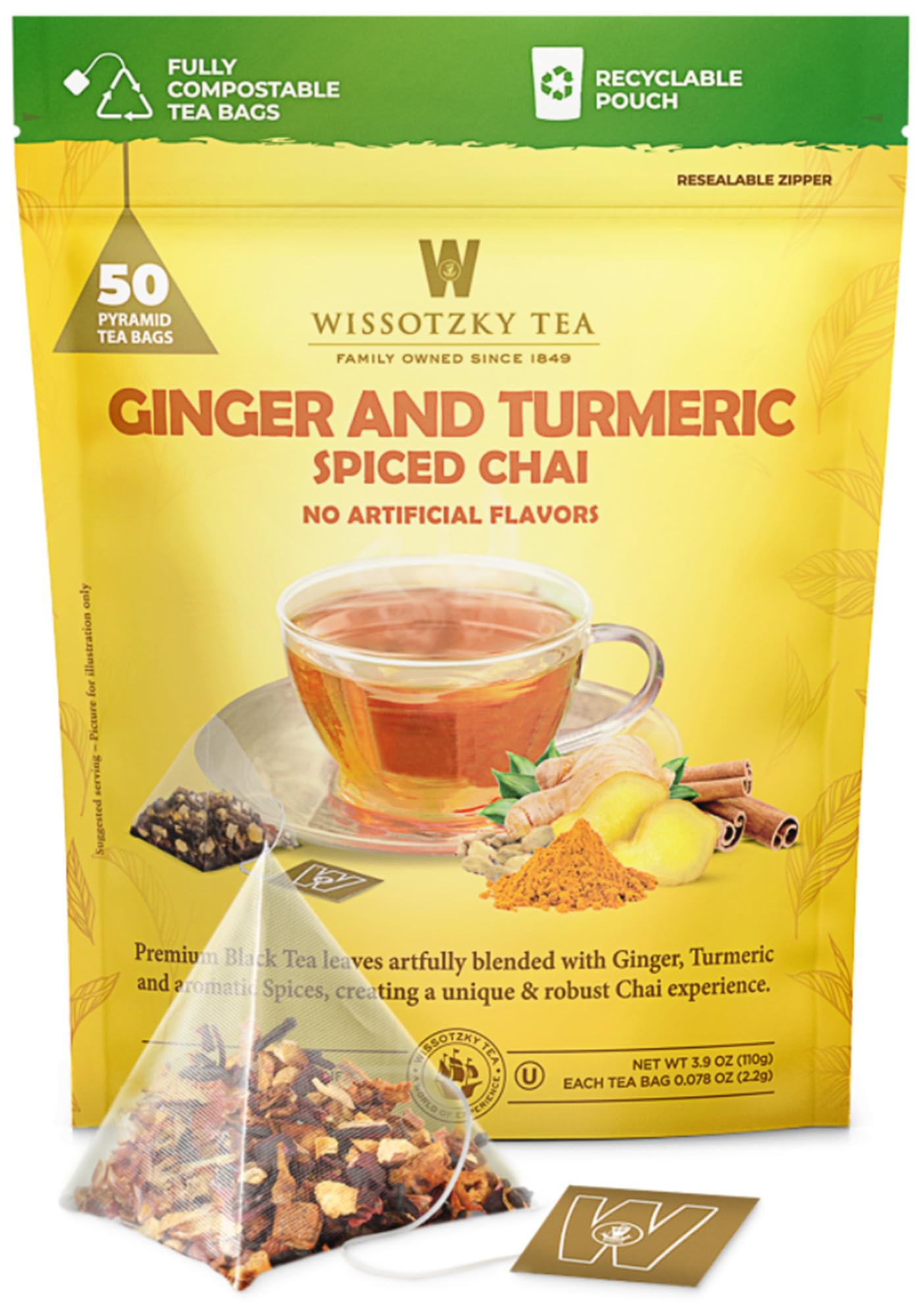 Wissotzky Ginger Turmeric Spiced Chai tea bag closeup highlighting bold aroma.