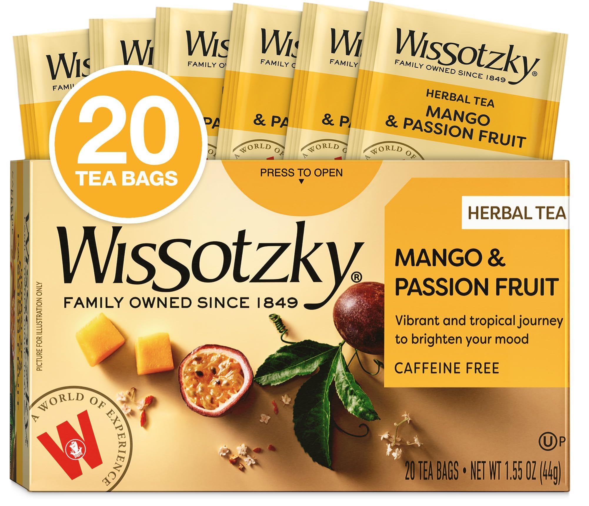 Wissotzky Mango & Passion Fruit tea bag close-up highlighting aroma for a tropical escape