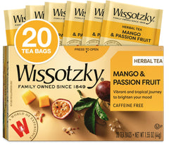 Wissotzky Mango & Passion Fruit tea bag close-up highlighting aroma for a tropical escape