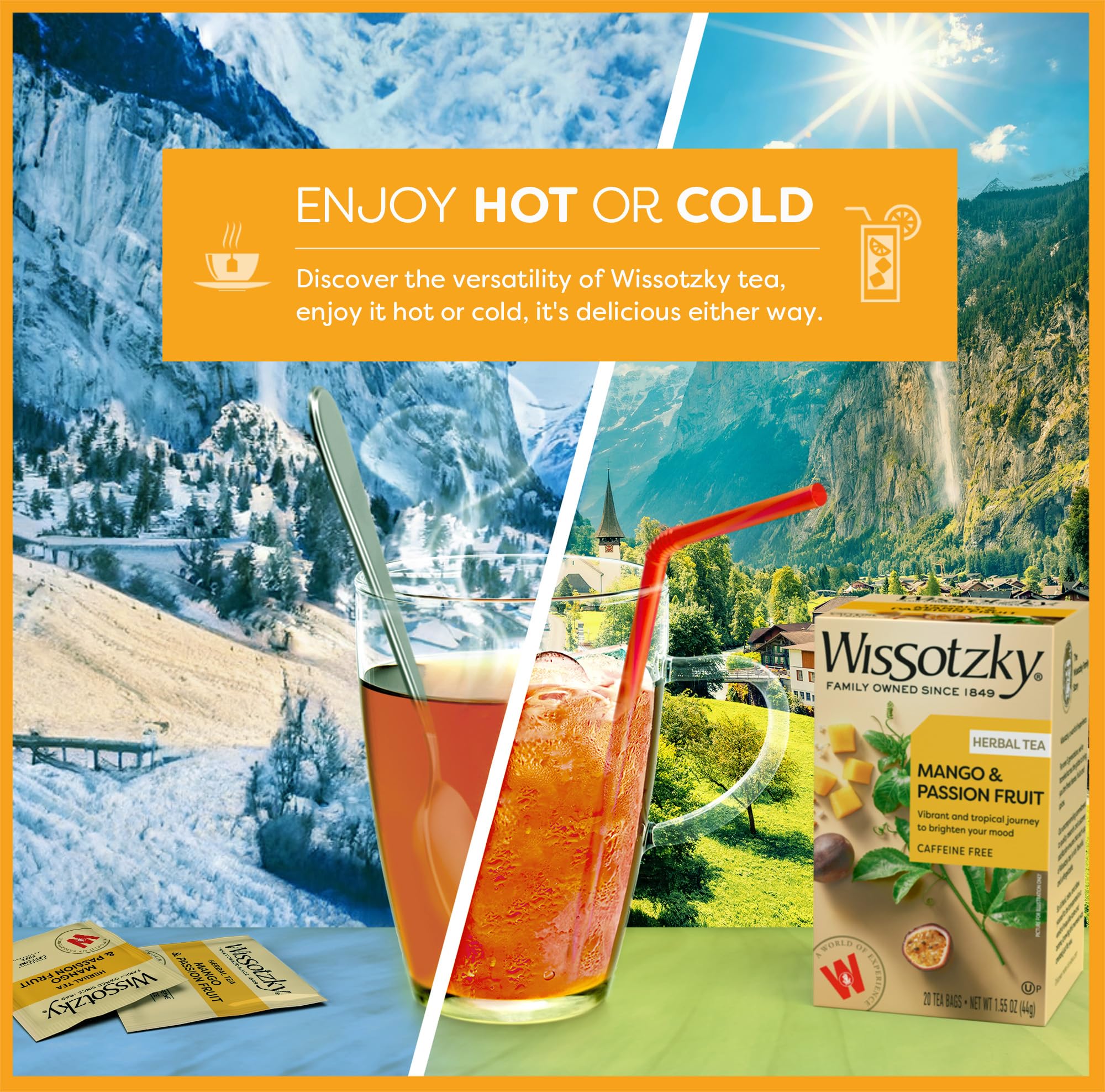 Wissotzky Mango & Passion Fruit tea hot brew releasing tropical aroma