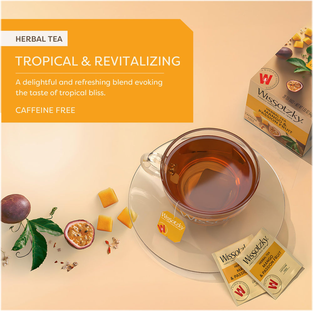 Wissotzky Mango & Passion Fruit tea steeped cup showcasing refreshing flavor