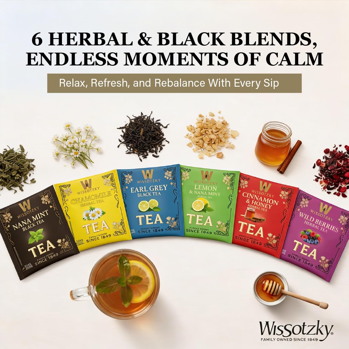 Wissotzky six flavor assortment featuring Early Grey and other blends for variety