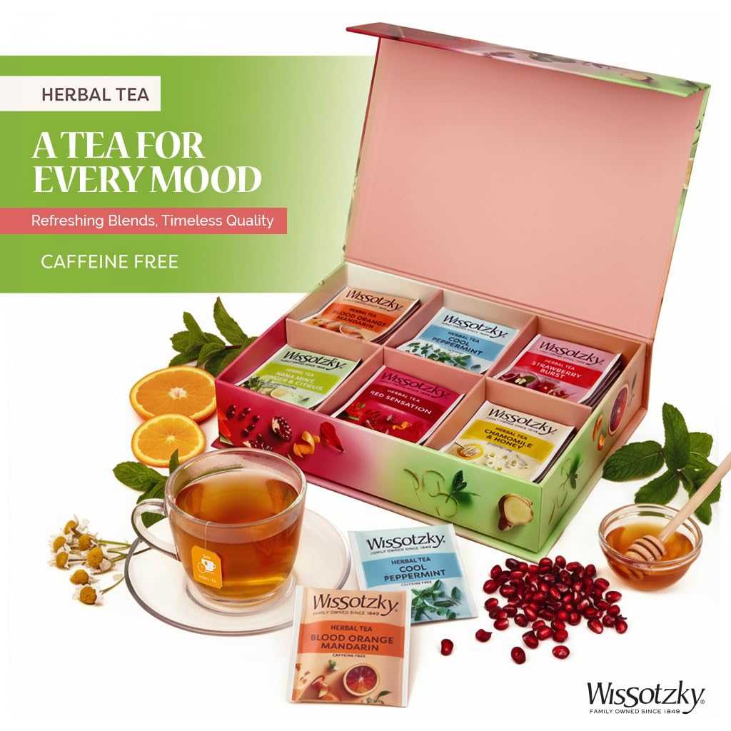 Wissotzky tea sampler box open showing flavor variety