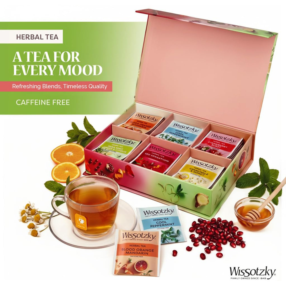 Wissotzky tea sampler box open showing flavor variety