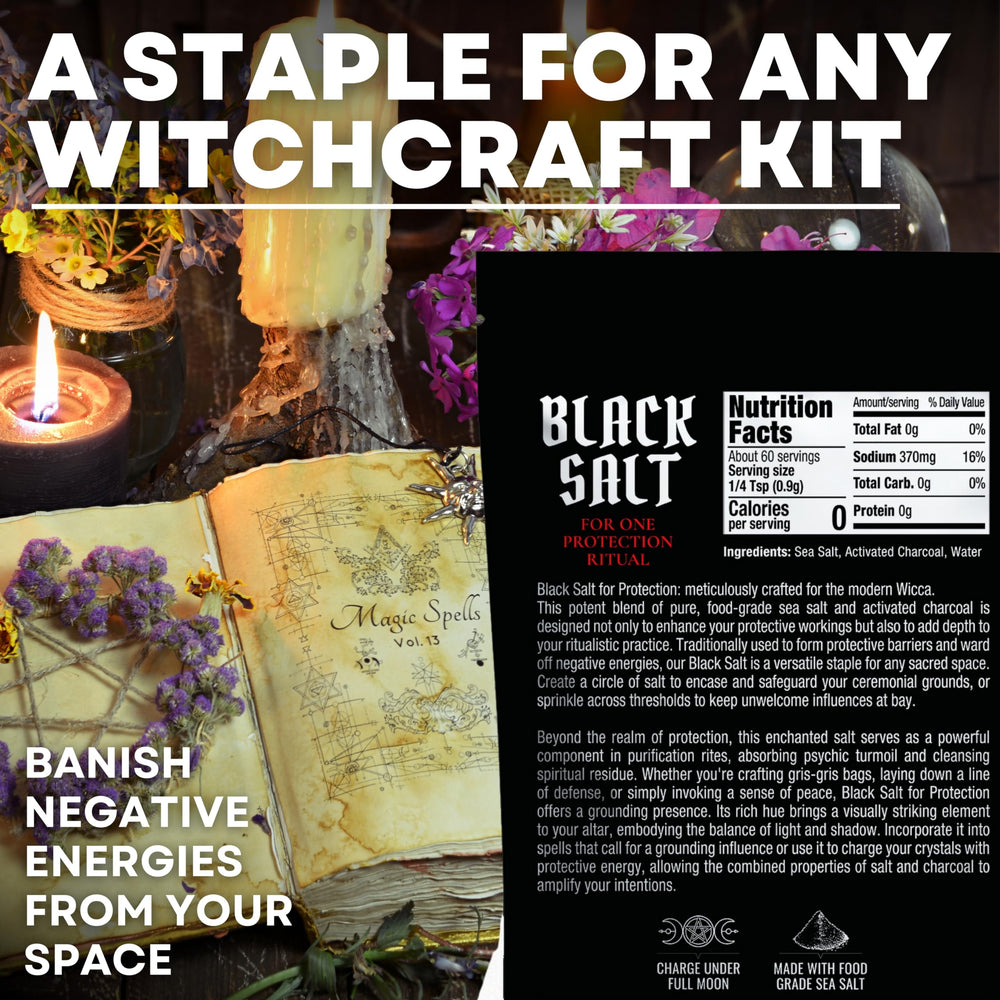 Witches & Wiccan black salt crystal pile shown for altar energy and focus.