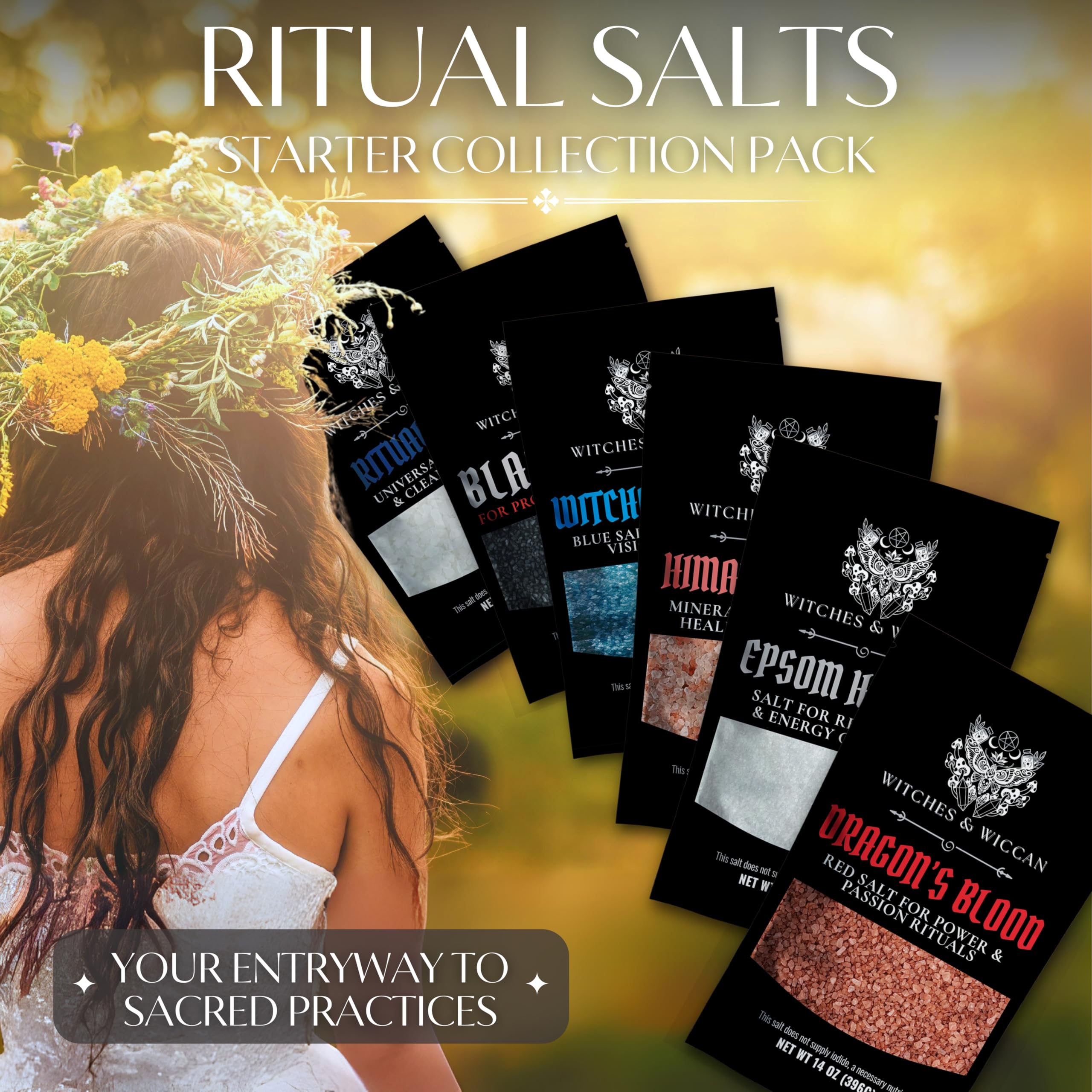 Witches & Wiccan black salt gemstone cleansing during a calming ritual.
