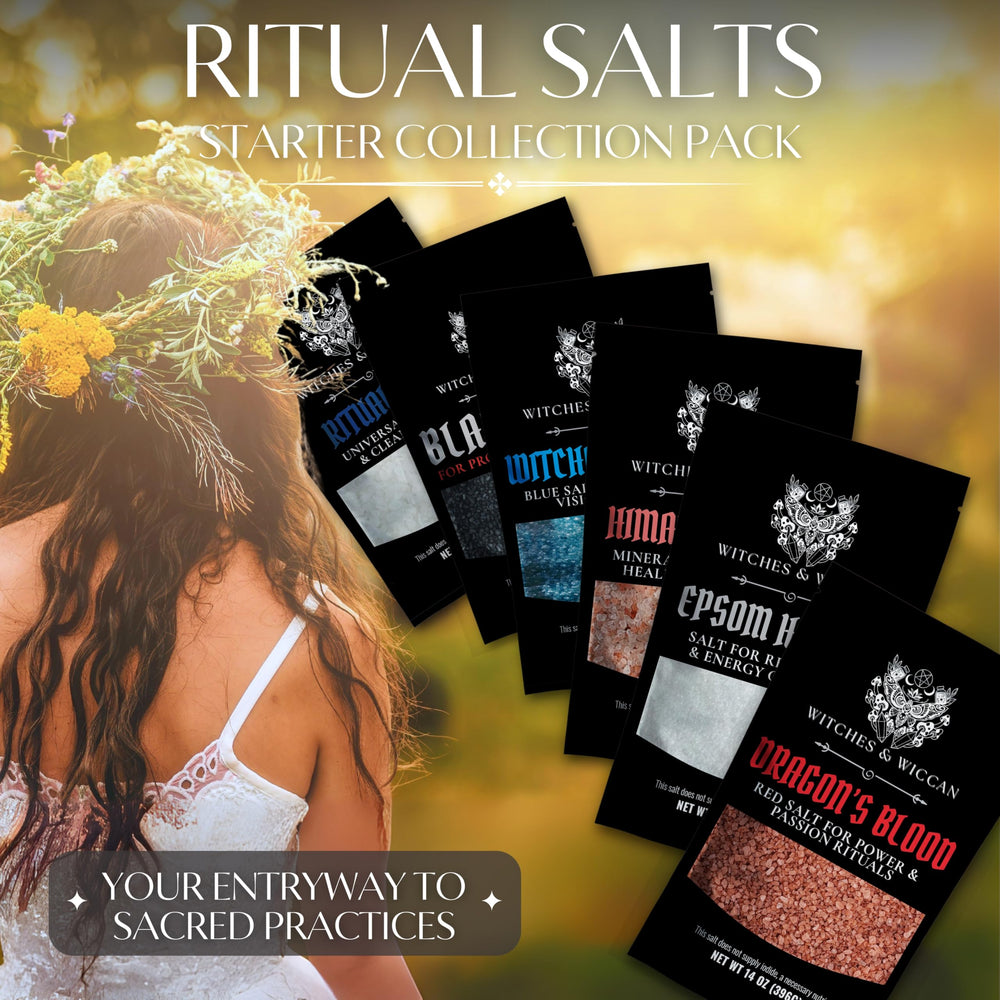 Witches & Wiccan black salt gemstone cleansing during a calming ritual.