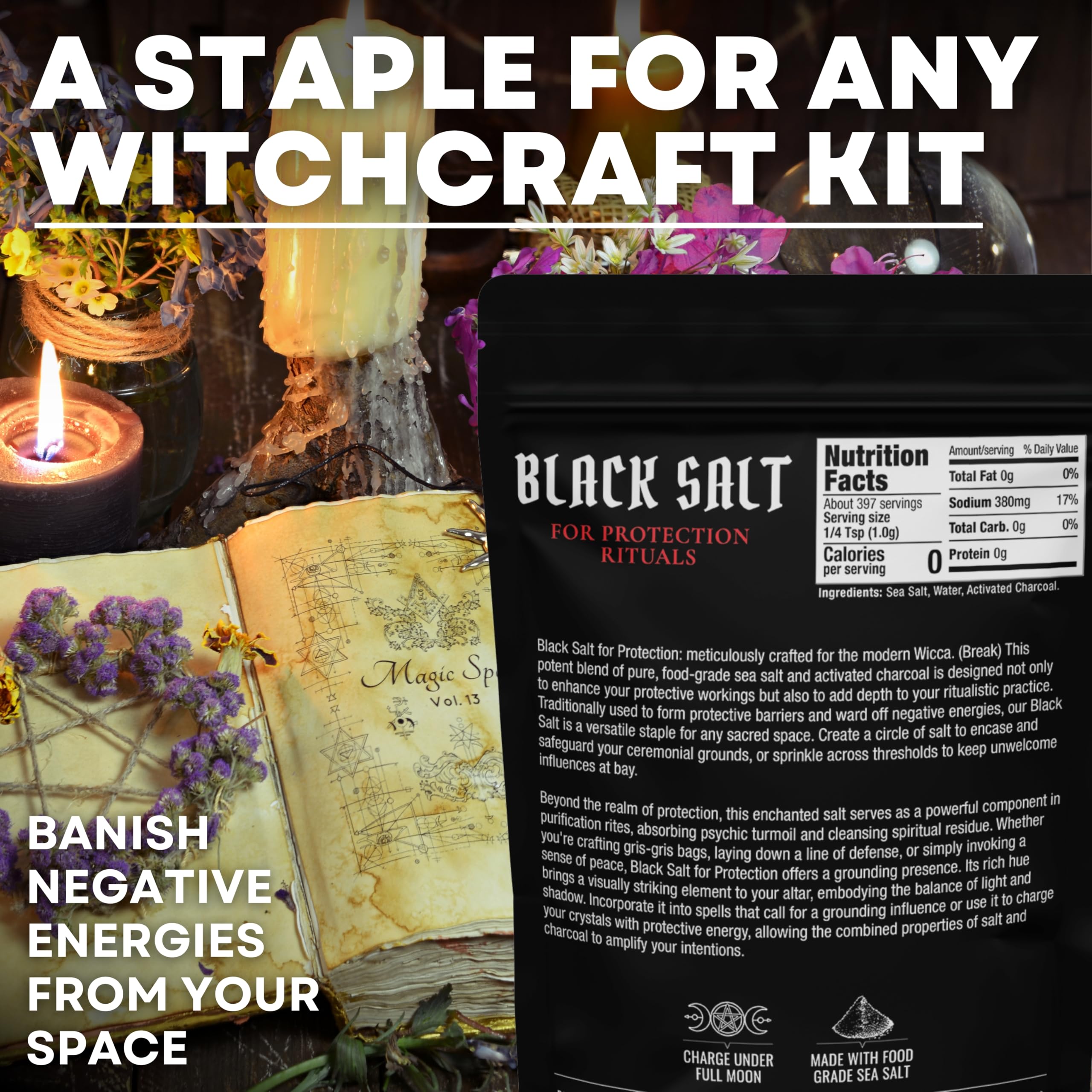 Carried in a pouch for personal protection with black salt.