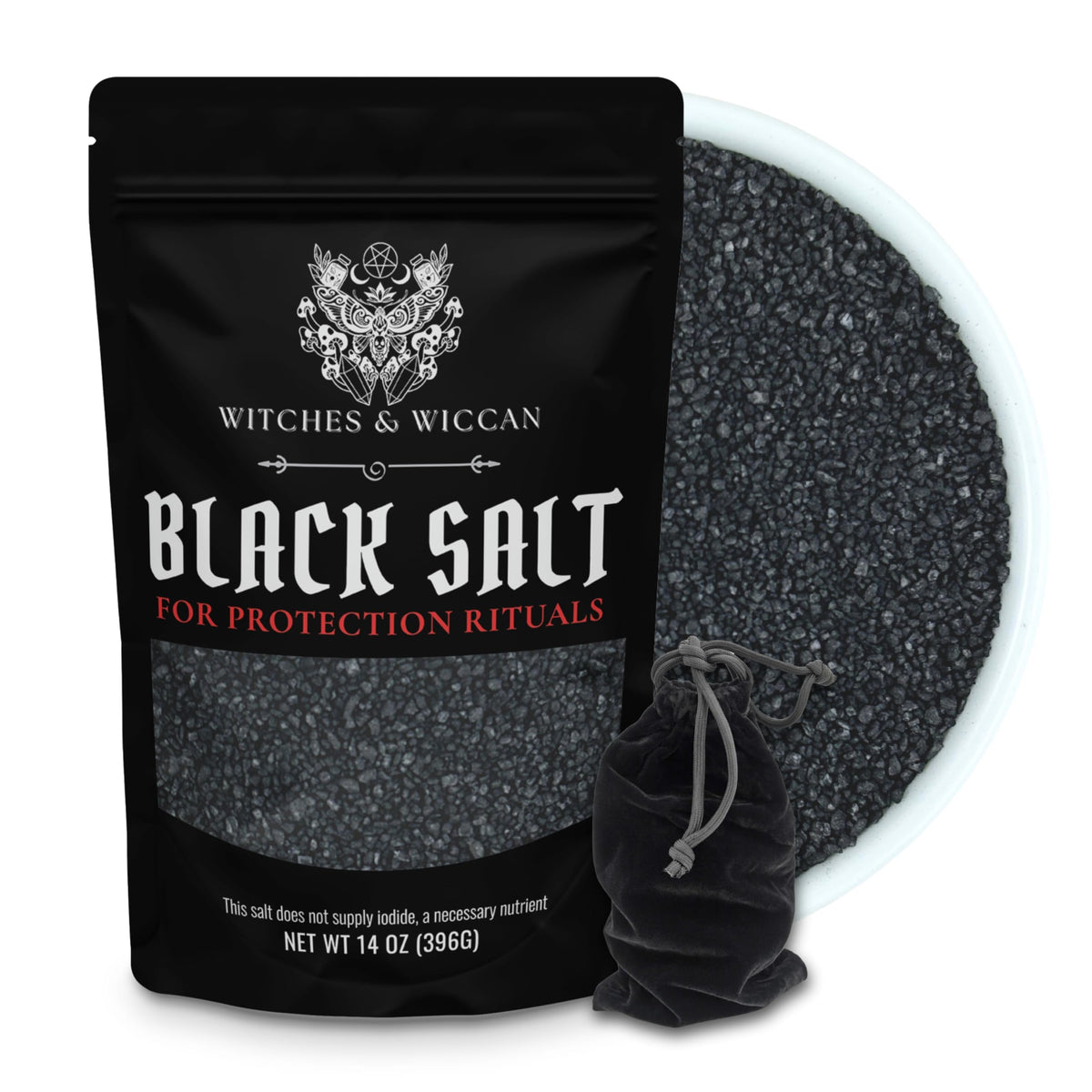 Witches & Wiccan black salt bag for protective rituals.