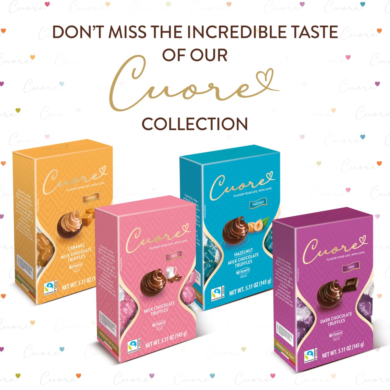 Packaging detail reveals premium finish and secure foil seal on WITOR'S Cuore truffles.