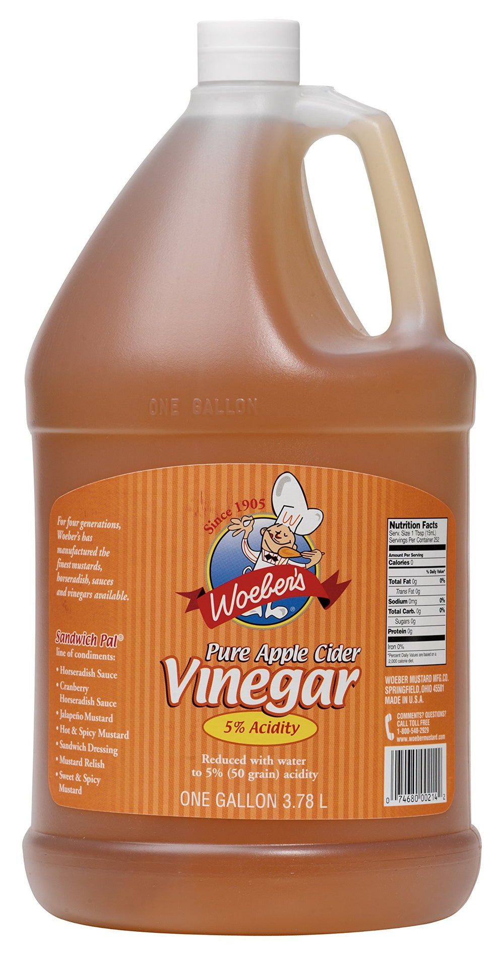 Woeber's Apple Cider Vinegar 1-gallon jug pour for marinades and cleaning.