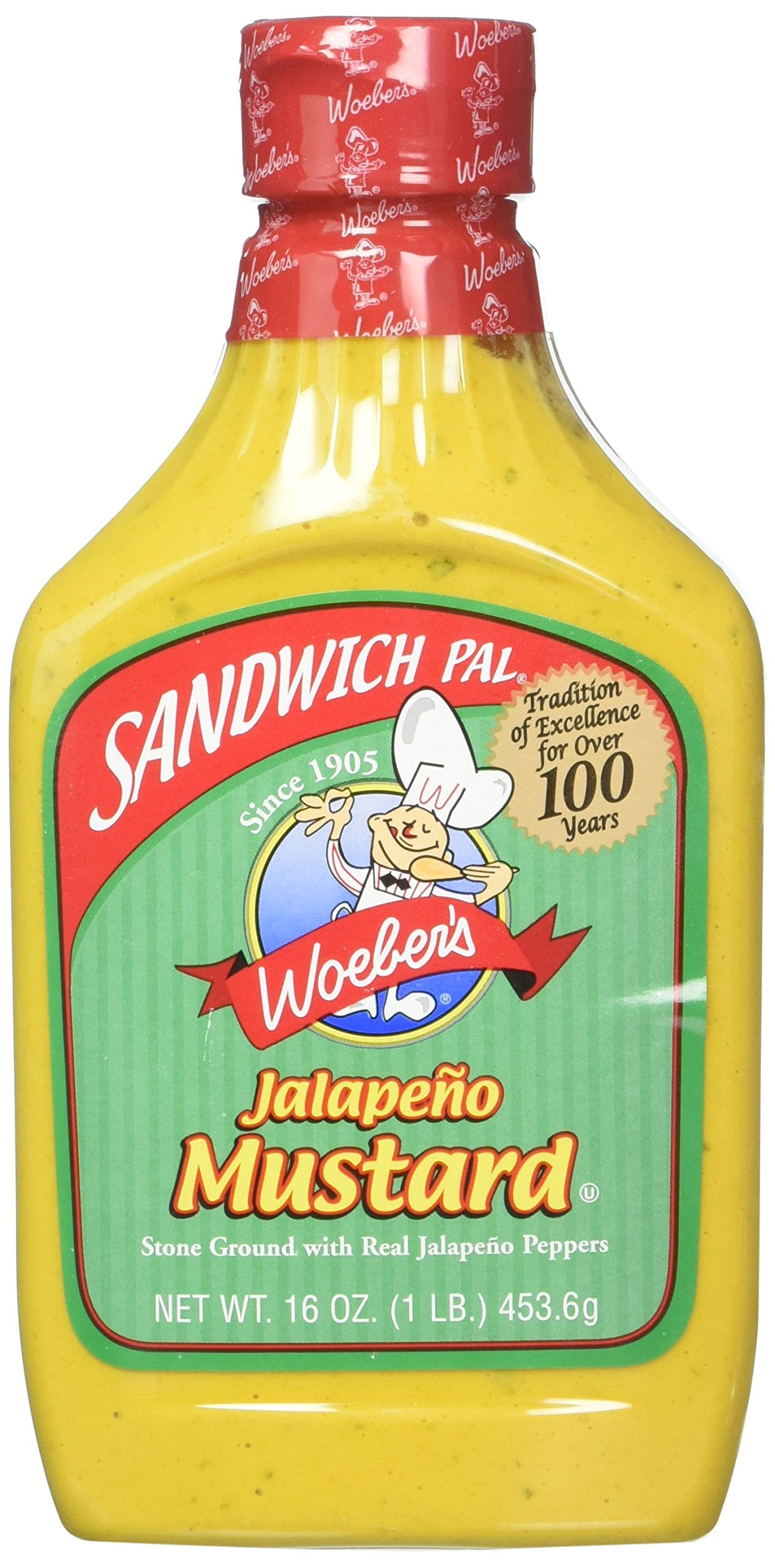 Woeber's Mustard Sandwich Pal Jalapeno jar and label, ideal for bold sandwiches