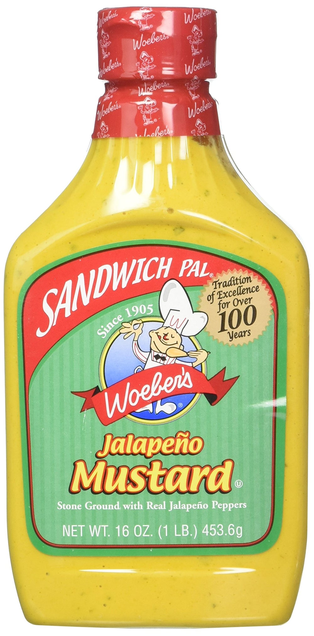 Woeber's Mustard Sandwich Pal Jalapeno jar and label, ideal for bold sandwiches