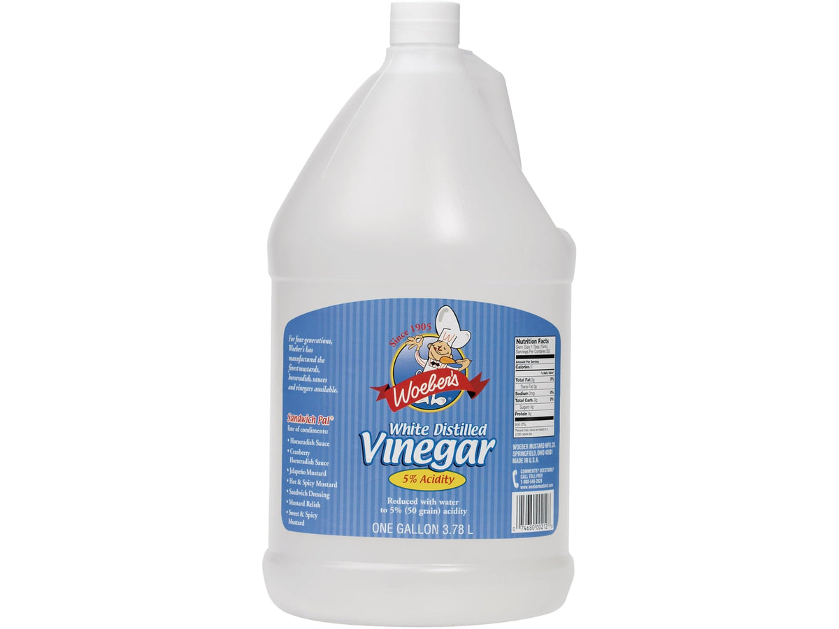 Woeber's white distilled vinegar bottle for cleaning and cooking.