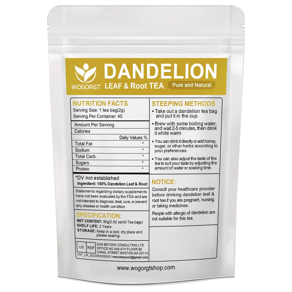 WOGORGT dandelion tea bag close-up with organic leaves for a caffeine-free ritual
