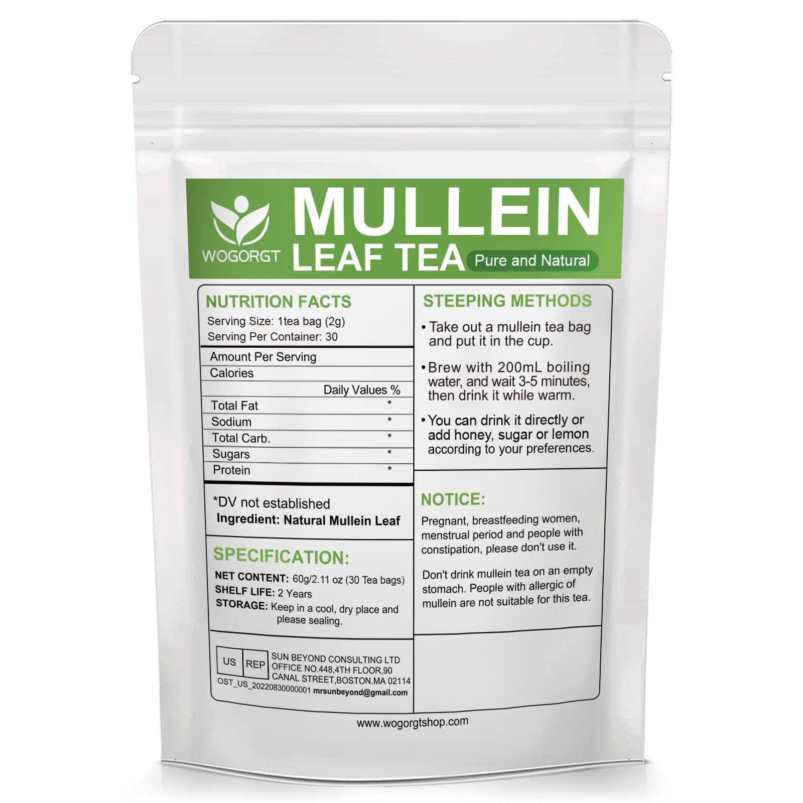 Mullein Tea Bags steeping in a cup, caffeine-free calm and throat soothing ritual