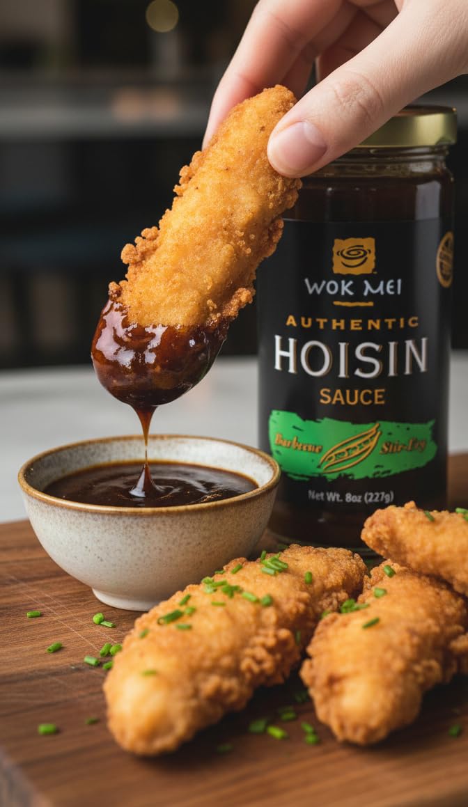 Wok Mei Hoisin Sauce being poured to glaze meats and veggies.