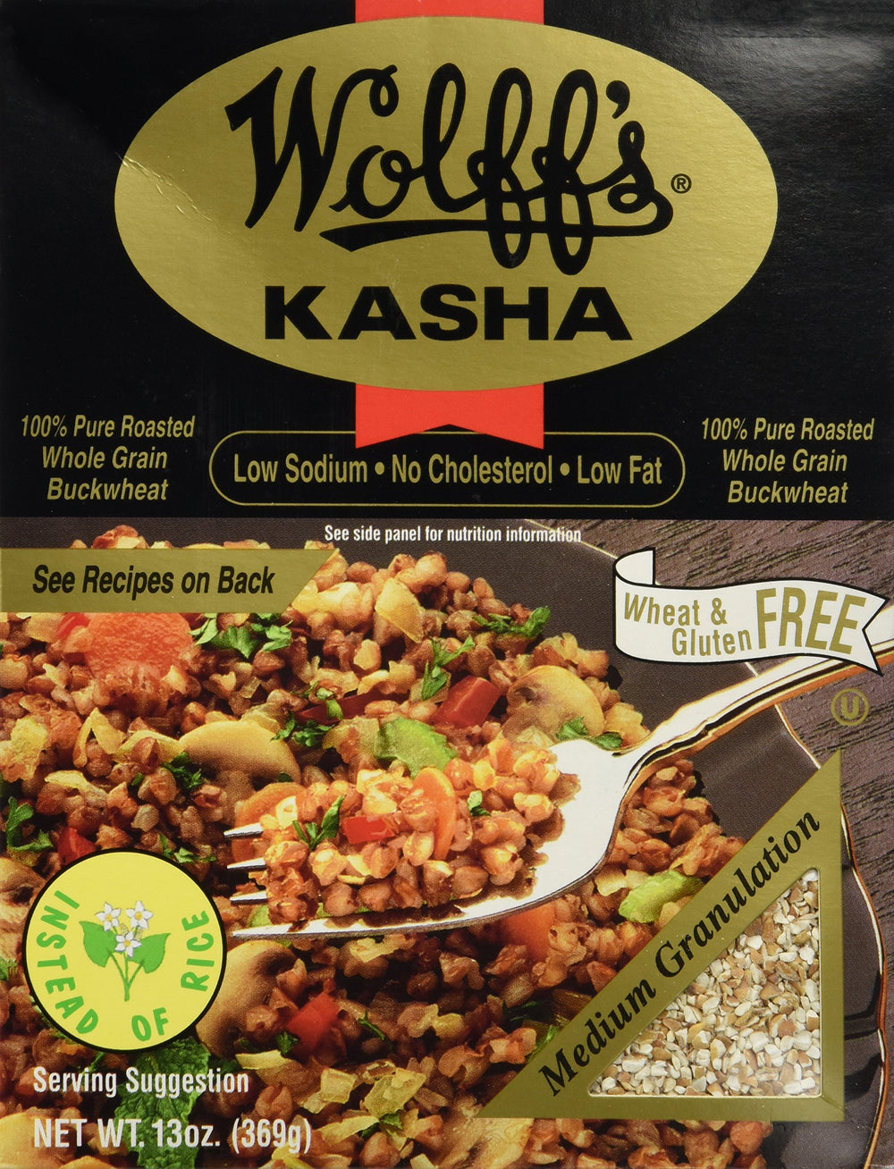 Wolff's Kasha Medium package with buckwheat groats, perfect base for quick meals.