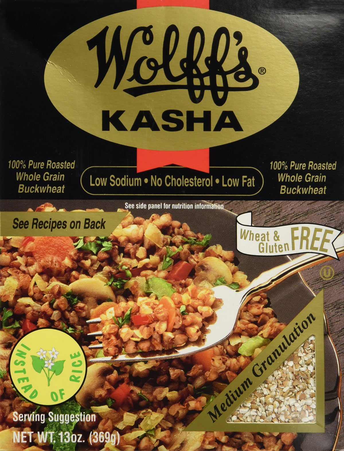 Wolff's Kasha Medium package with buckwheat groats, perfect base for quick meals.