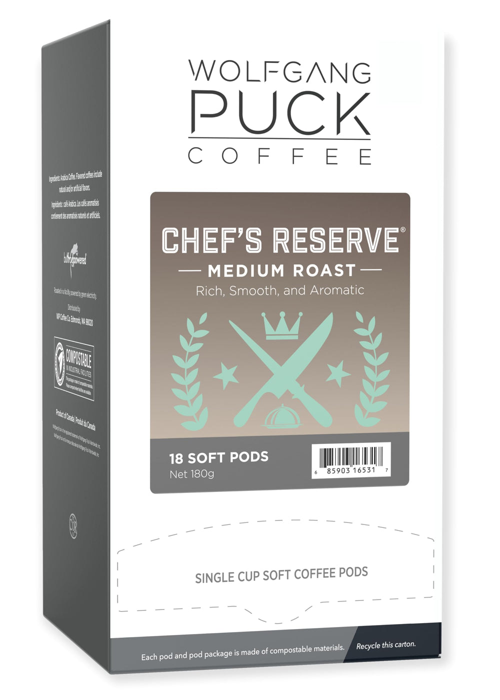 Wolfgang Puck Chef's Reserve soft pod packaging highlights convenient single-serve design.