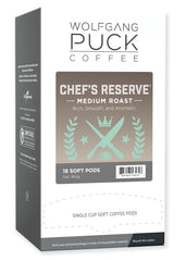 Wolfgang Puck Chef's Reserve soft pod packaging highlights convenient single-serve design.