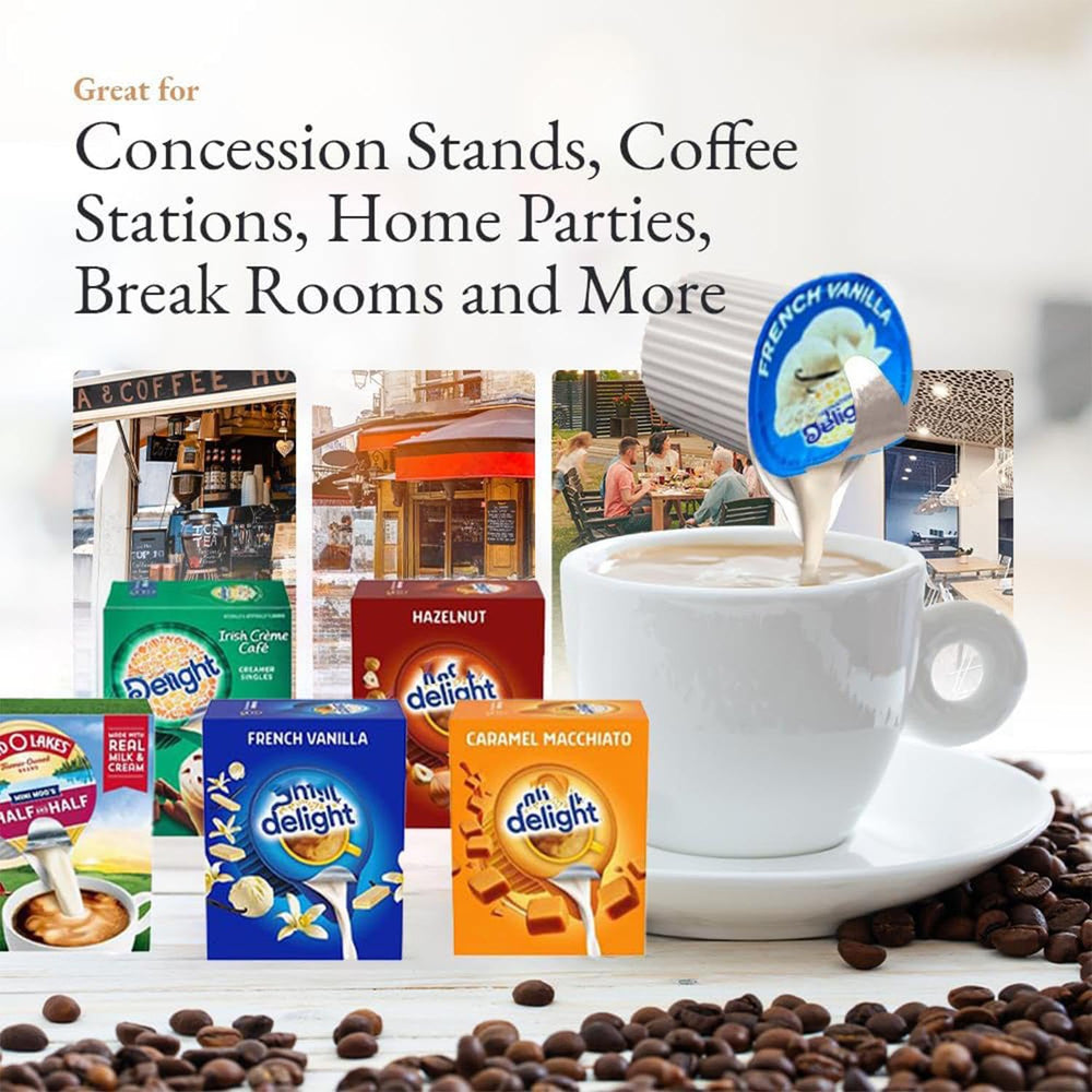 Wolgo Coffee Creamer Singles pouring into coffee, showcasing portable, mess-free convenience