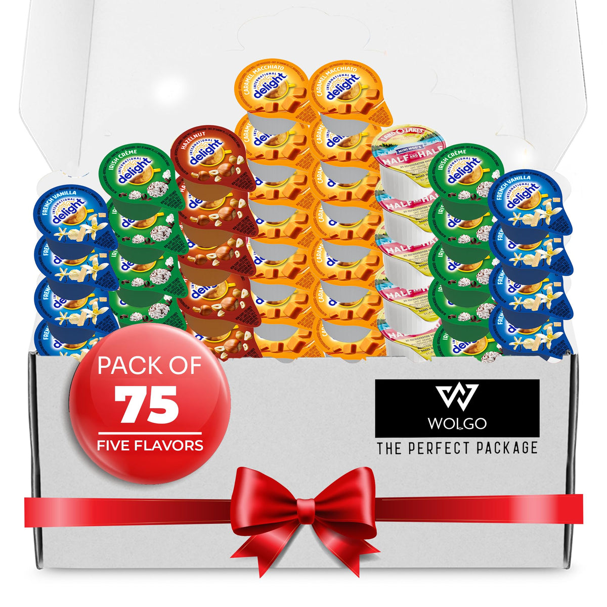 Wolgo Coffee Creamer Singles Variety Pack with 5 flavors for office or home coffee stations