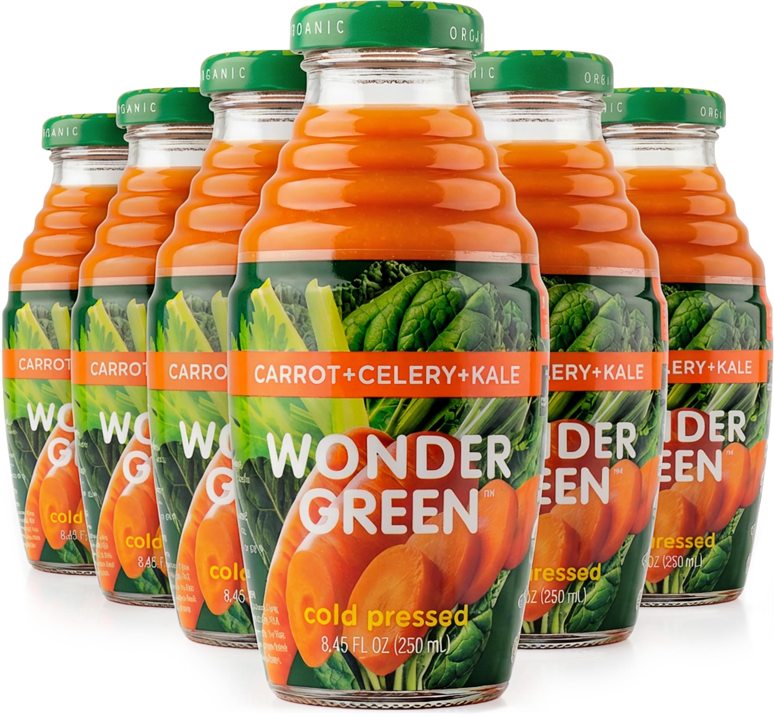 Wonder Green carrot celery kale bottle for daily hydration with organic juice.