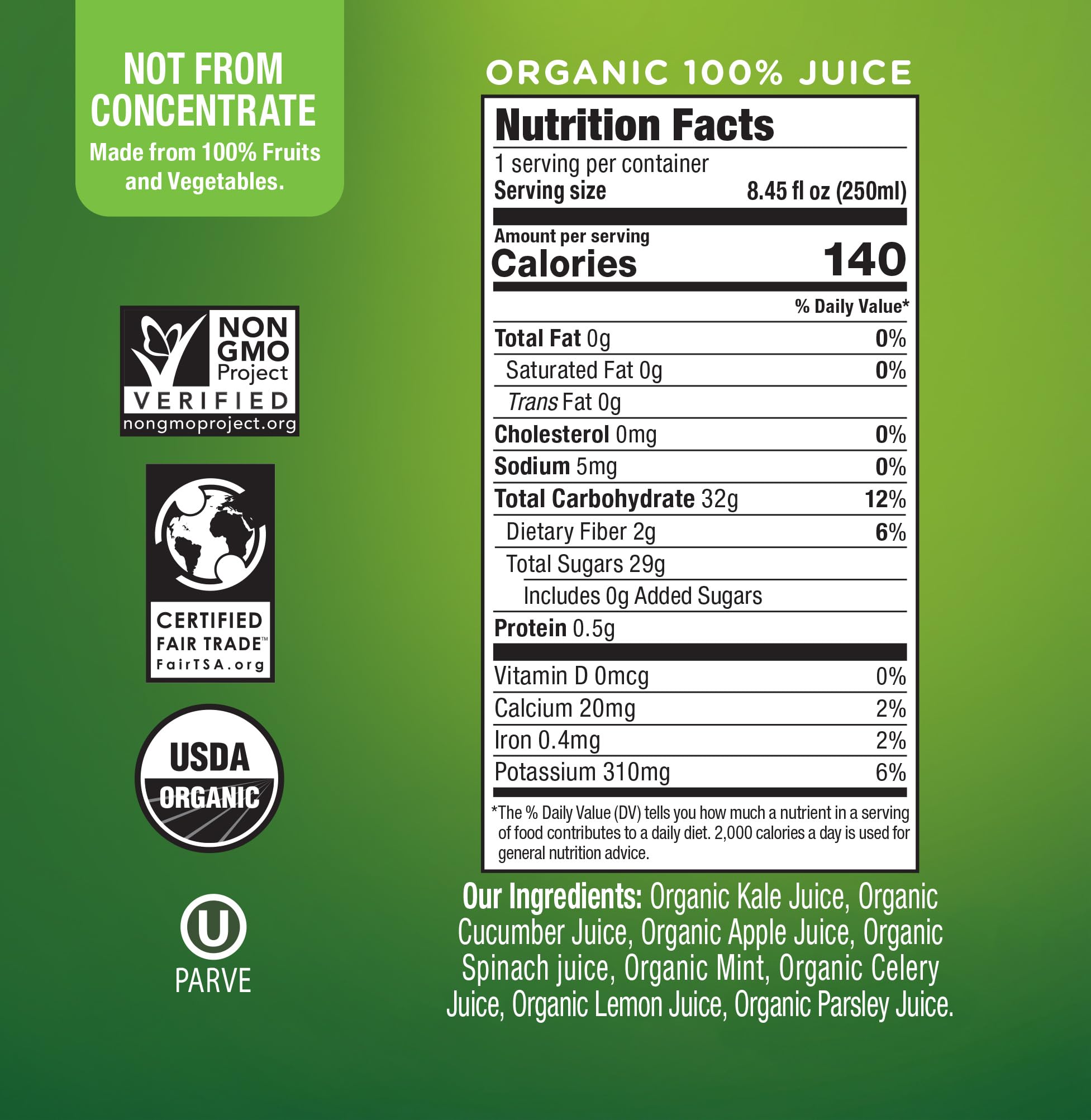 Wonder Green bottle side highlighting organic, cold-pressed nutrients for a natural energy lift.