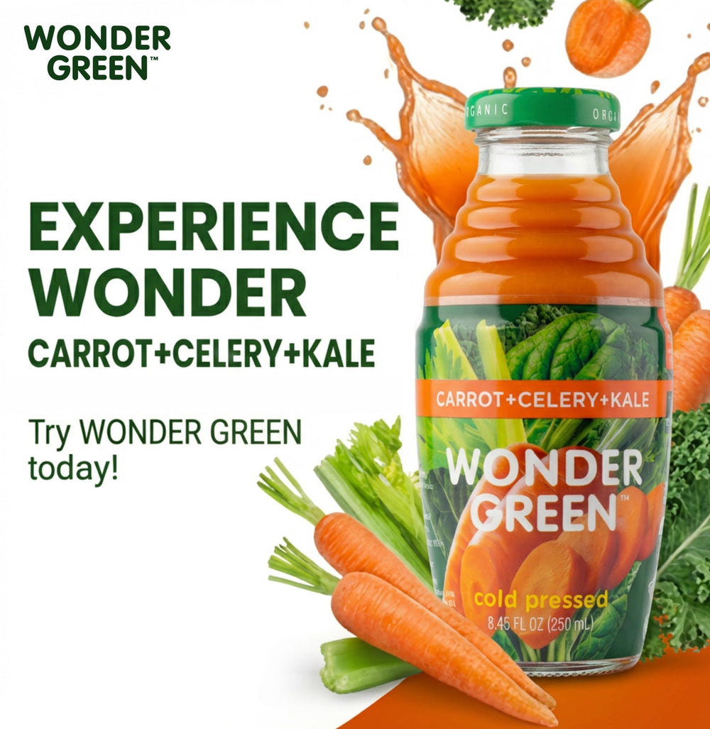Wonder Green kale celery carrot poured shot reveals smooth earthy juice.