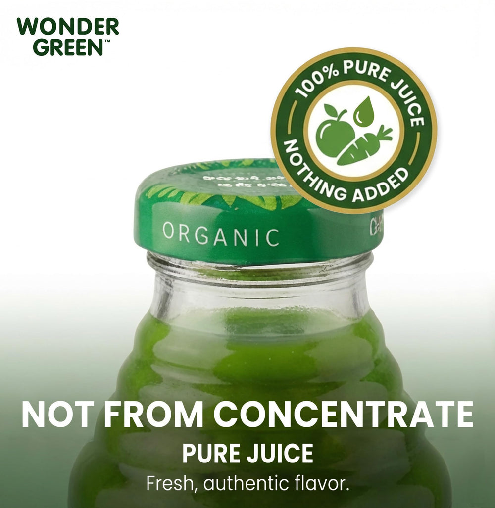 Wonder Green kale-spinach-celery blend foreground highlights leafy greens and detox-friendly vibes.