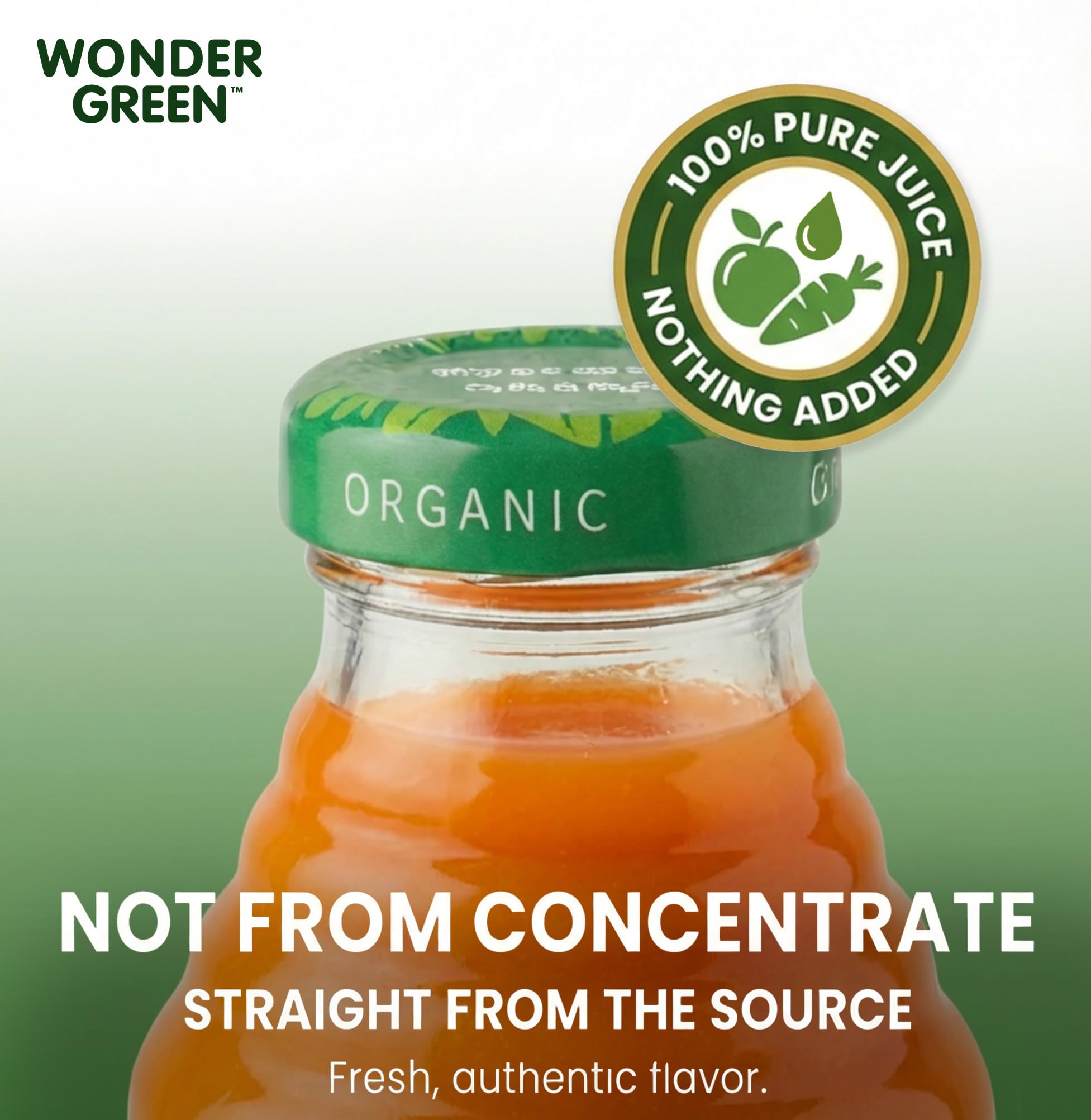 Wonder Green kosher certification logo signals clean, trustworthy juice.