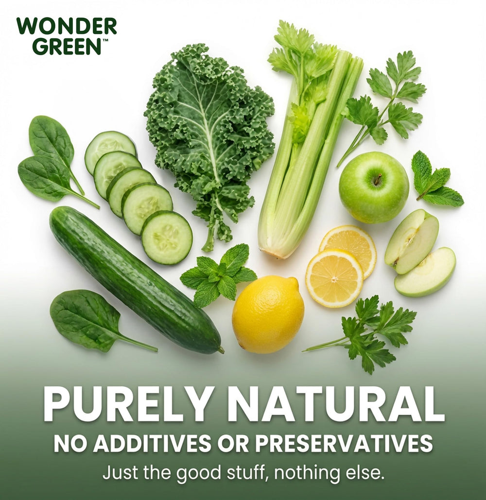 Wonder Green label closeup displaying organic certification and natural ingredients.